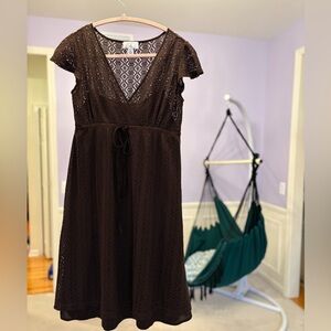 Small Ann Taylor Loft Brown Knit Cottagecore Tie Waist lined tea party dress